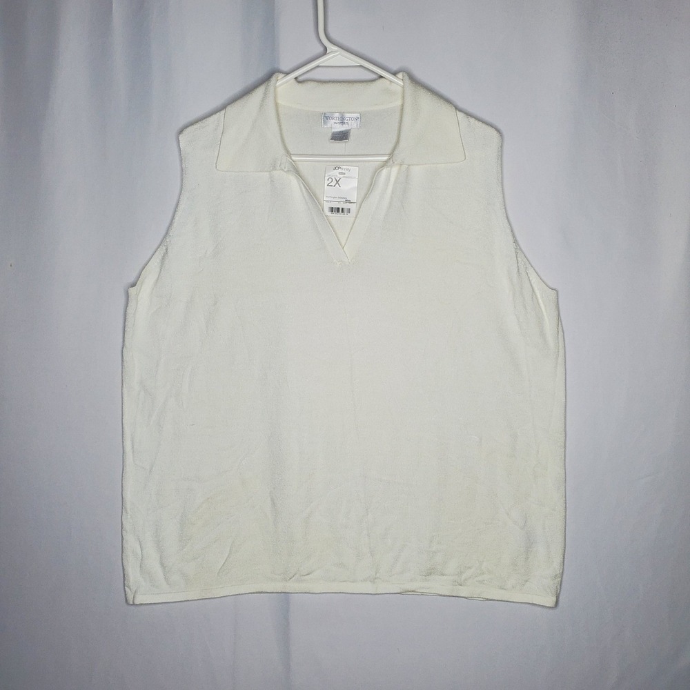 Worthington Sleeveless Sweater Womens 2X Cream Johnny Collar V-Neck Knit Vest